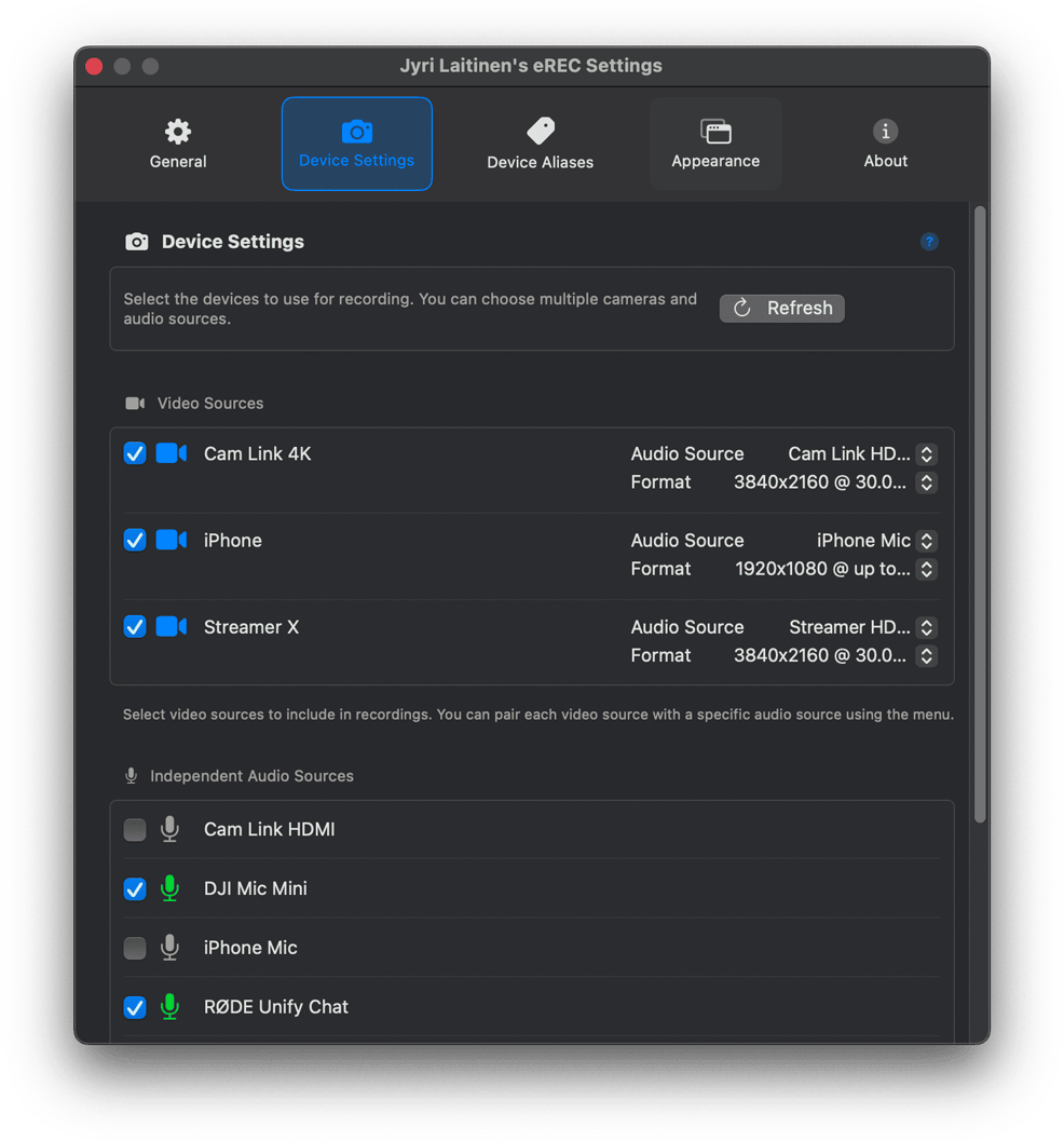 eREC Preferences showing Device Settings tab